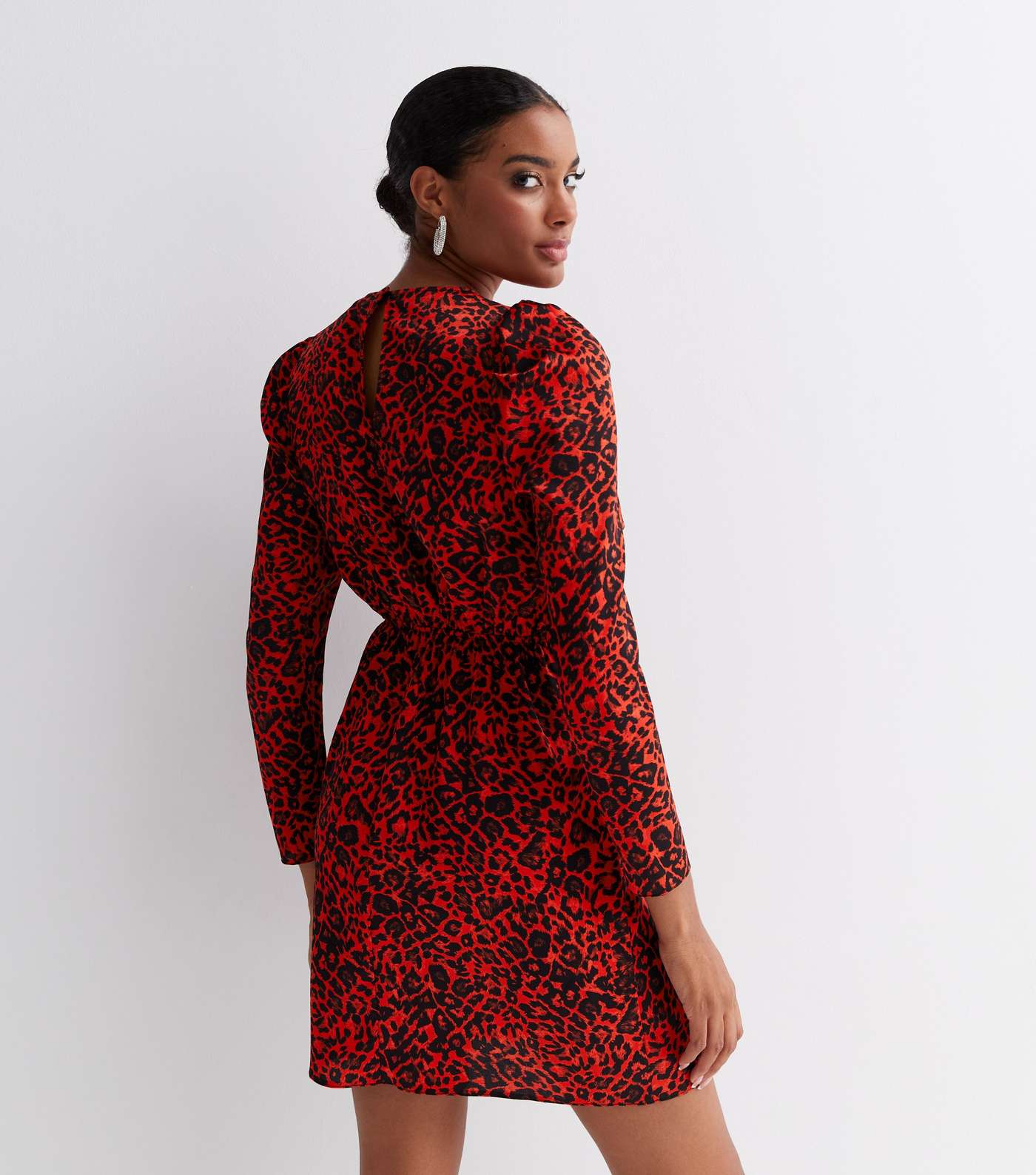 Red Animal Print Satin Long Sleeve Mini Tunic Dress Image 4