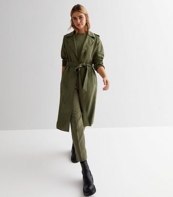 Khaki Suedette Belted Mac New Look