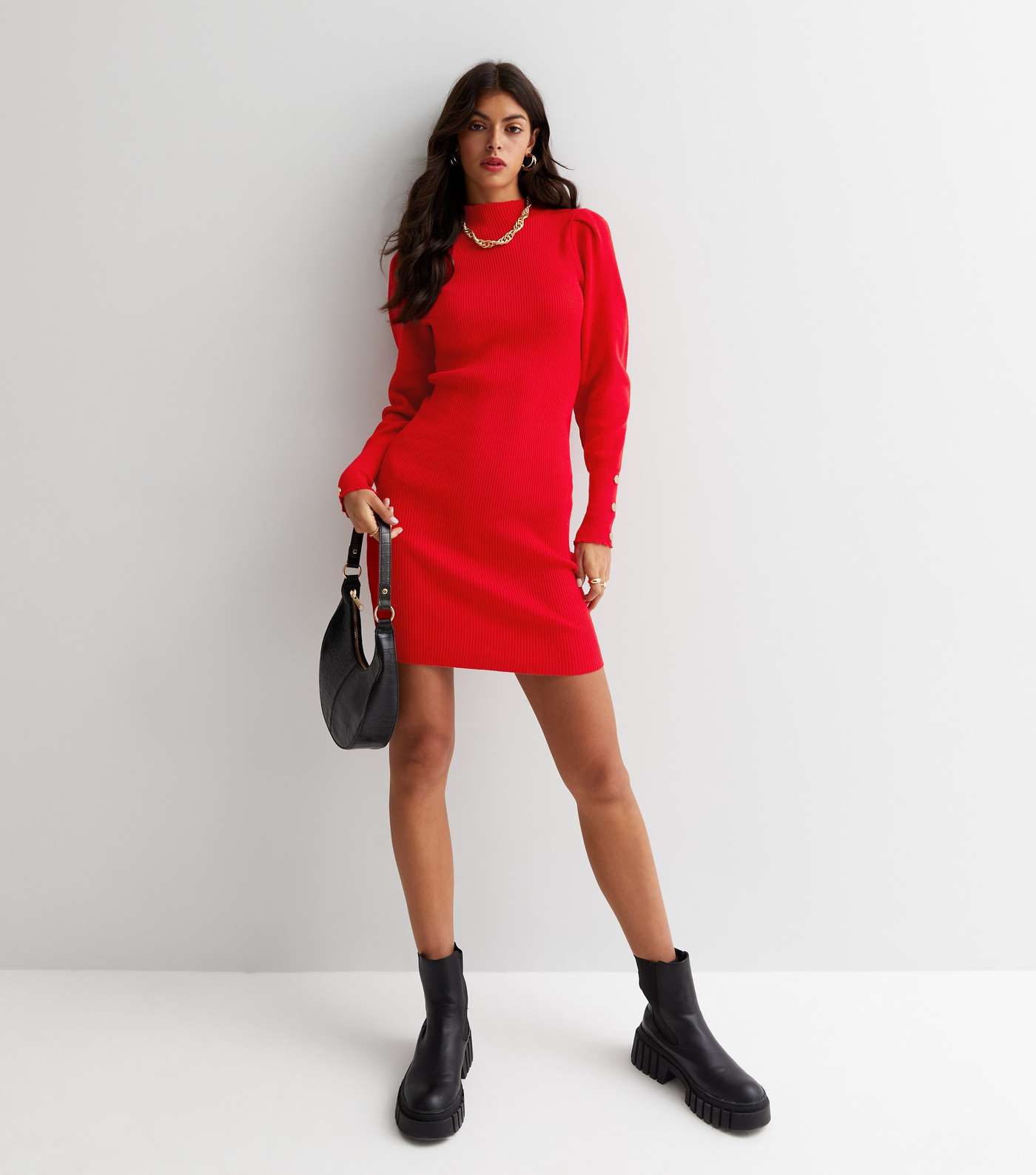 Cameo Rose Red Ribbed Knit High Neck Button Mini Dress