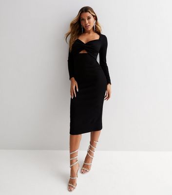 Black Ribbed Cut Out Twist Front Long Sleeve Midi Bodycon Dress