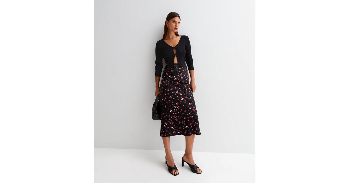 Black Floral Waist | Crepe High Look Skirt New Midi
