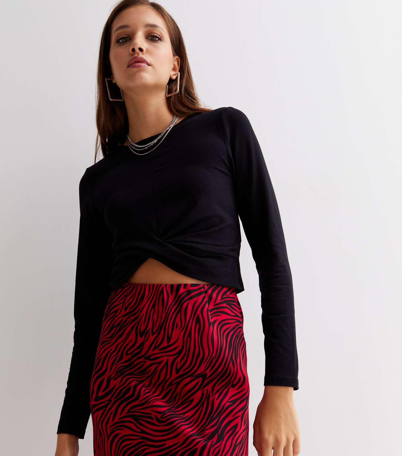 Red Zebra Print Crepe Midi Skirt Image 3