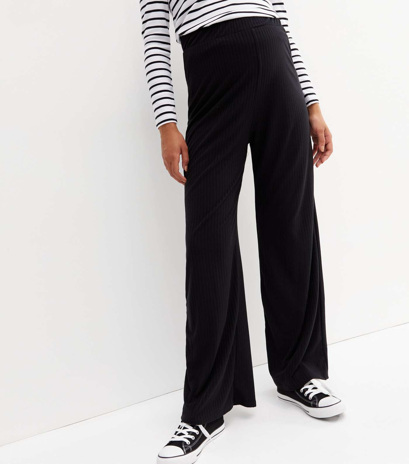 Maternity Black Ribbed Wide Leg Trousers Image 2