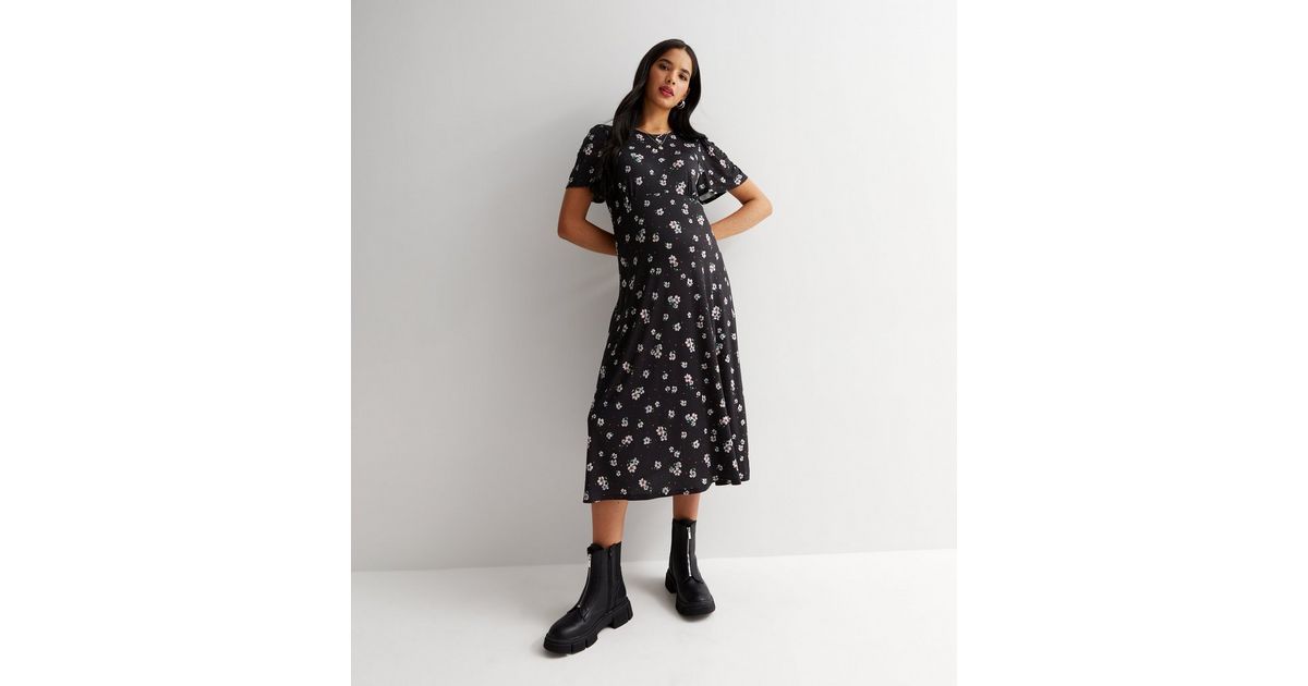 Topshop Maternity Midi Smock Dress in Black Floral Print