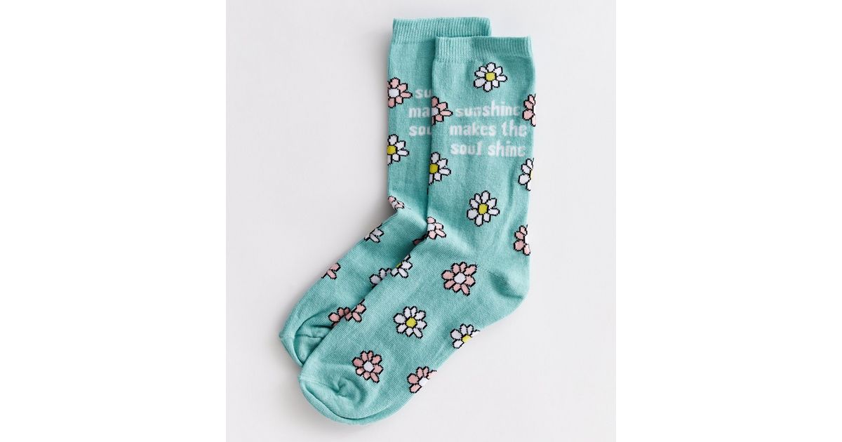 Mint Green Floral Sunshine Logo Socks New Look
