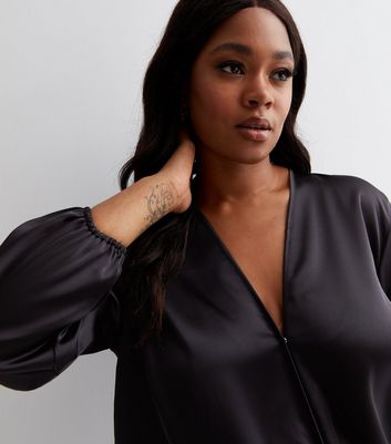 Black satin tie neck blouse online