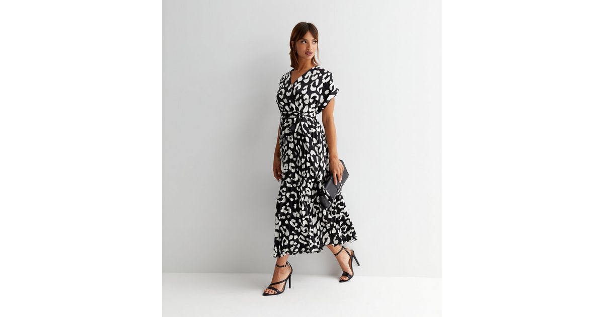 Black Leopard Print Satin Short Sleeve Pleated Midi Wrap Dress New Look