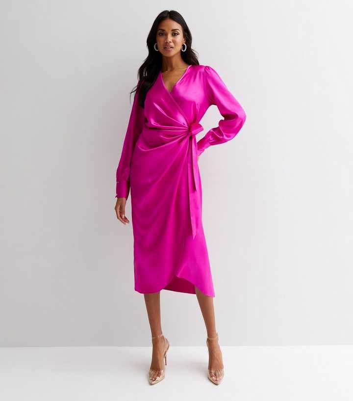 Bright Pink Satin V Neck Tie Side Long Sleeve Midi Wrap Dress | New Look