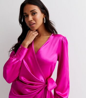 Hot pink satin cheap wrap dress