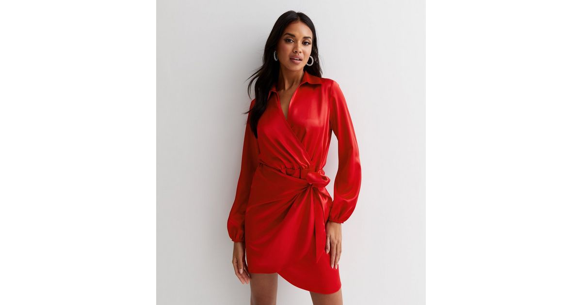 New Look Women's Red Satin Tie Side Mini Wrap Shirt Dress - UK 8