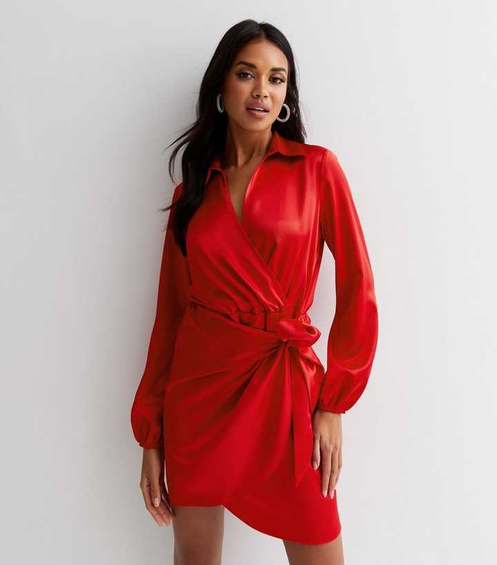 New Look Women's Red Satin Tie Side Mini Wrap Shirt Dress - UK 8