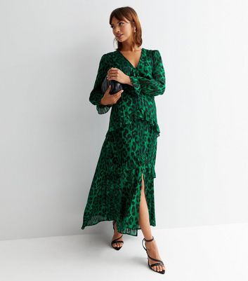Green Animal Print Ruffle Detail V Neck Long Sleeve Midi Dress New Look