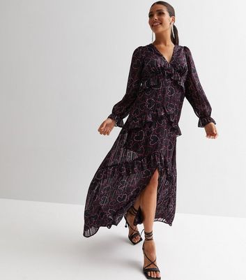 Black Heart Print V Neck Ruffle Long Sleeve Midi Dress