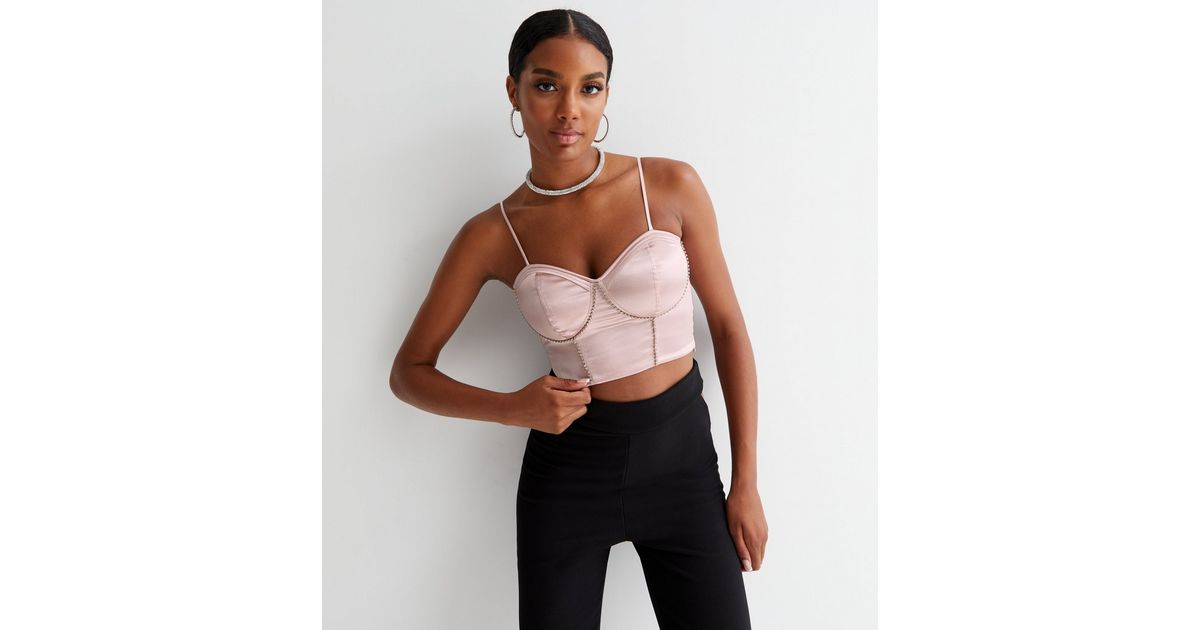 Pale Pink Satin Strappy Diamanté Trim Bustier Bralette