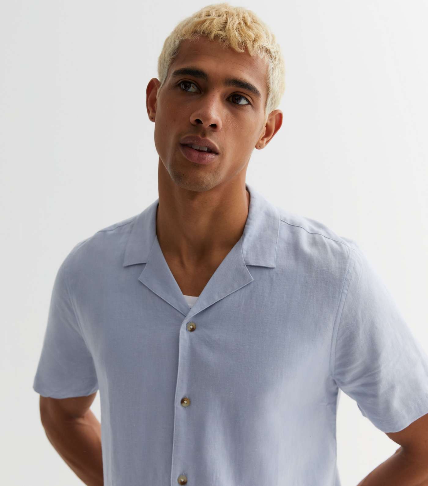Pale Blue Linen Blend Revere Collar Short Sleeve Shirt Image 3