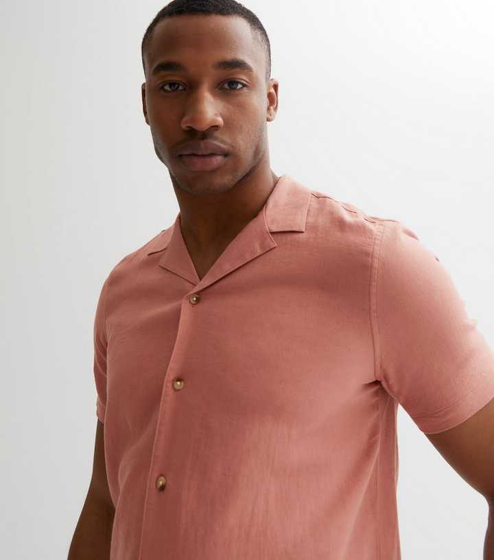 mens pink linen short sleeve shirt
