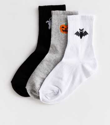 Girls 3 Pack Black Grey and White Halloween Motif Socks