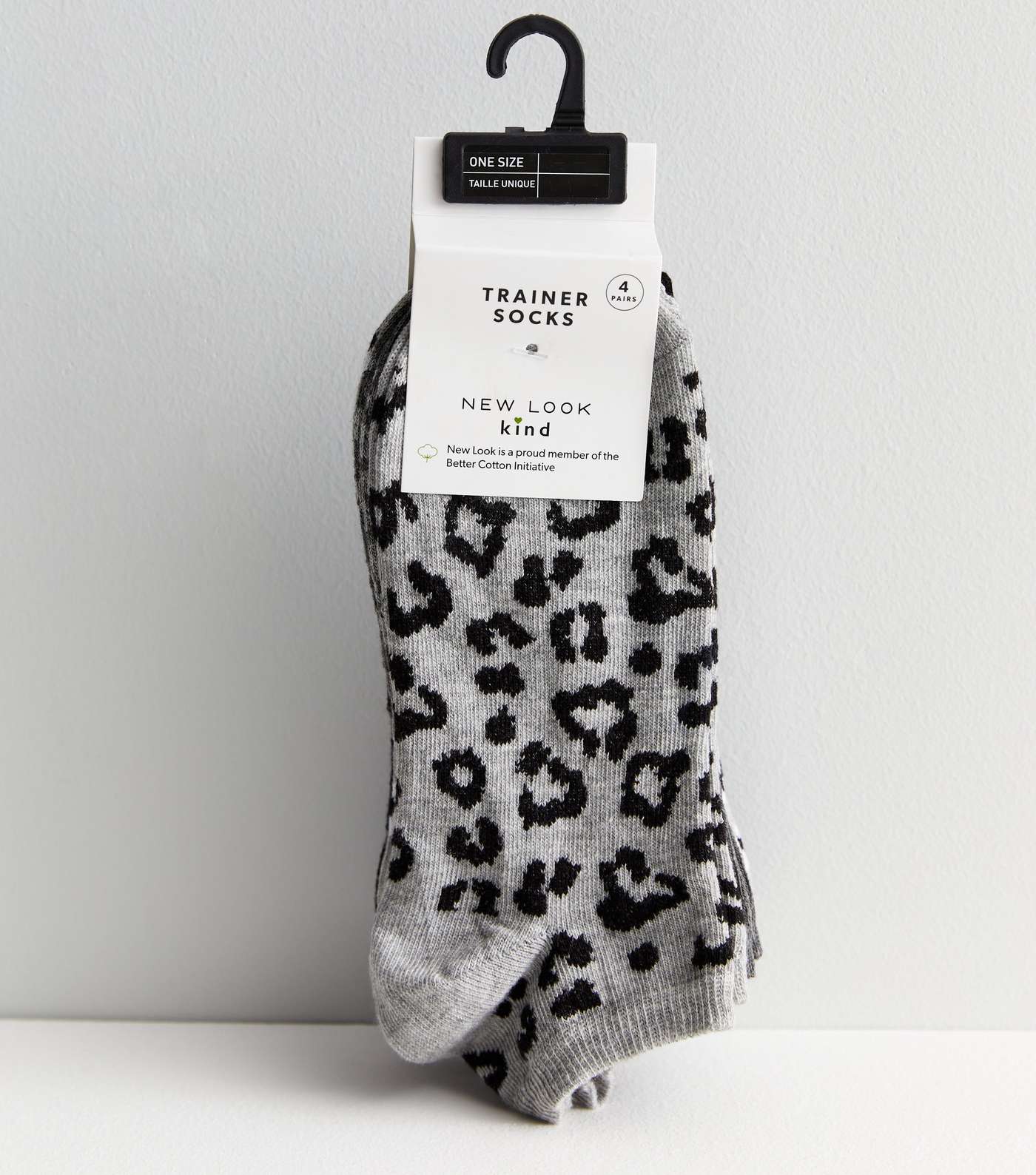 4 Pack Black and Grey Leopard Print Trainer Socks Image 2