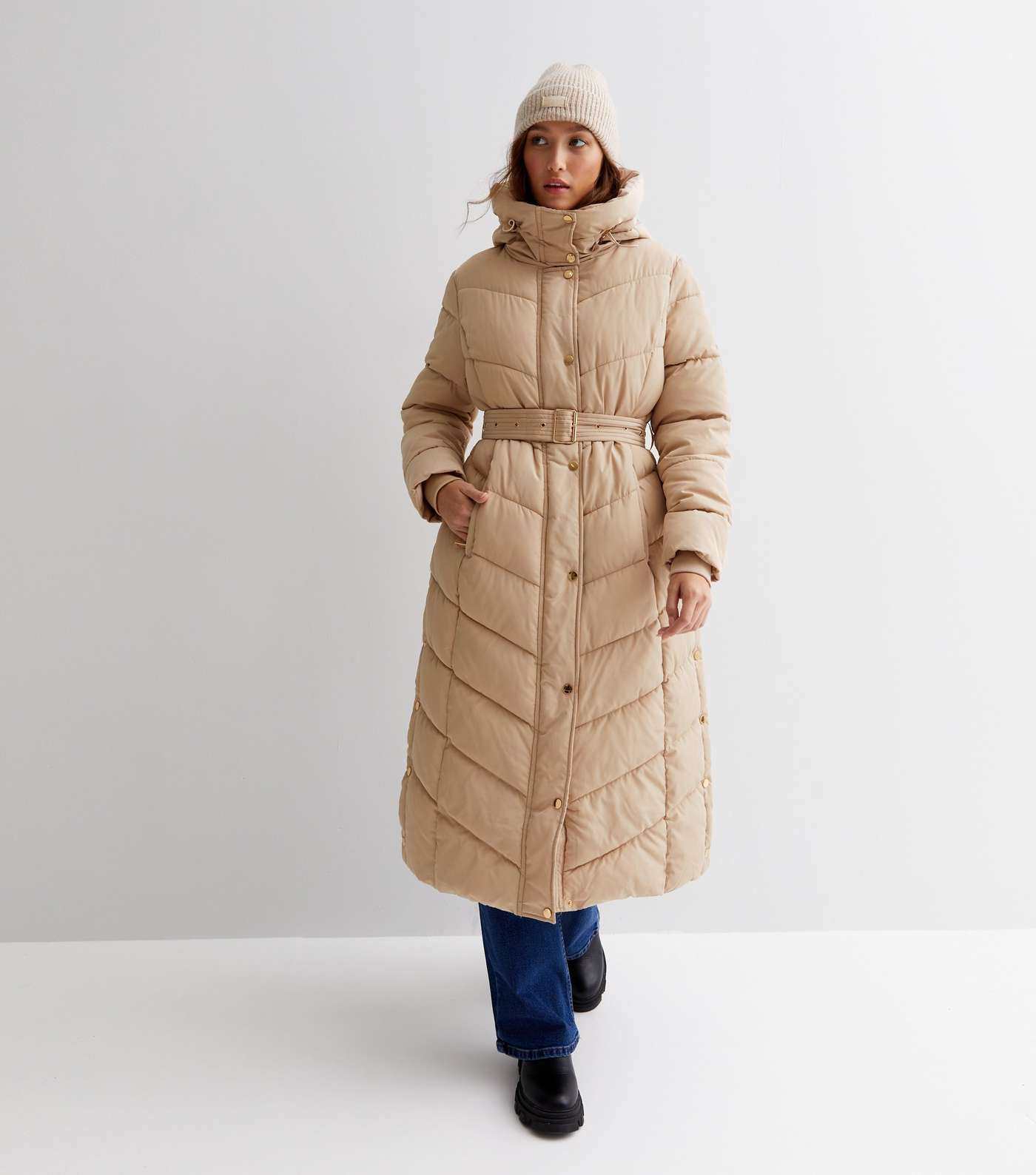Cameo Rose Stone Quilted Longline Puffer Coat