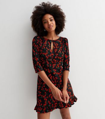 Black Ditsy Floral Keyhole 1/2 Sleeve Frill Hem Mini Dress