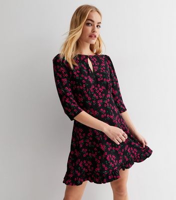 Black Floral Keyhole 1/2 Sleeve Frill Hem Mini Dress