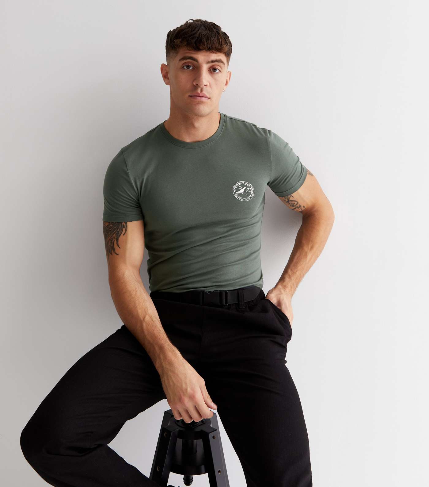 Khaki Beyond What is Known Muscle Fit Pocket Logo T-Shirt Image 2