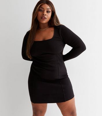 Curves Black Ribbed Jersey Square Neck 