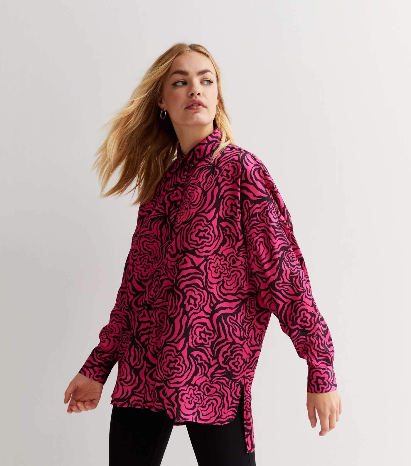 Pink Abstract Pattern Long Sleeve Satin Oversized Shirt Image 2