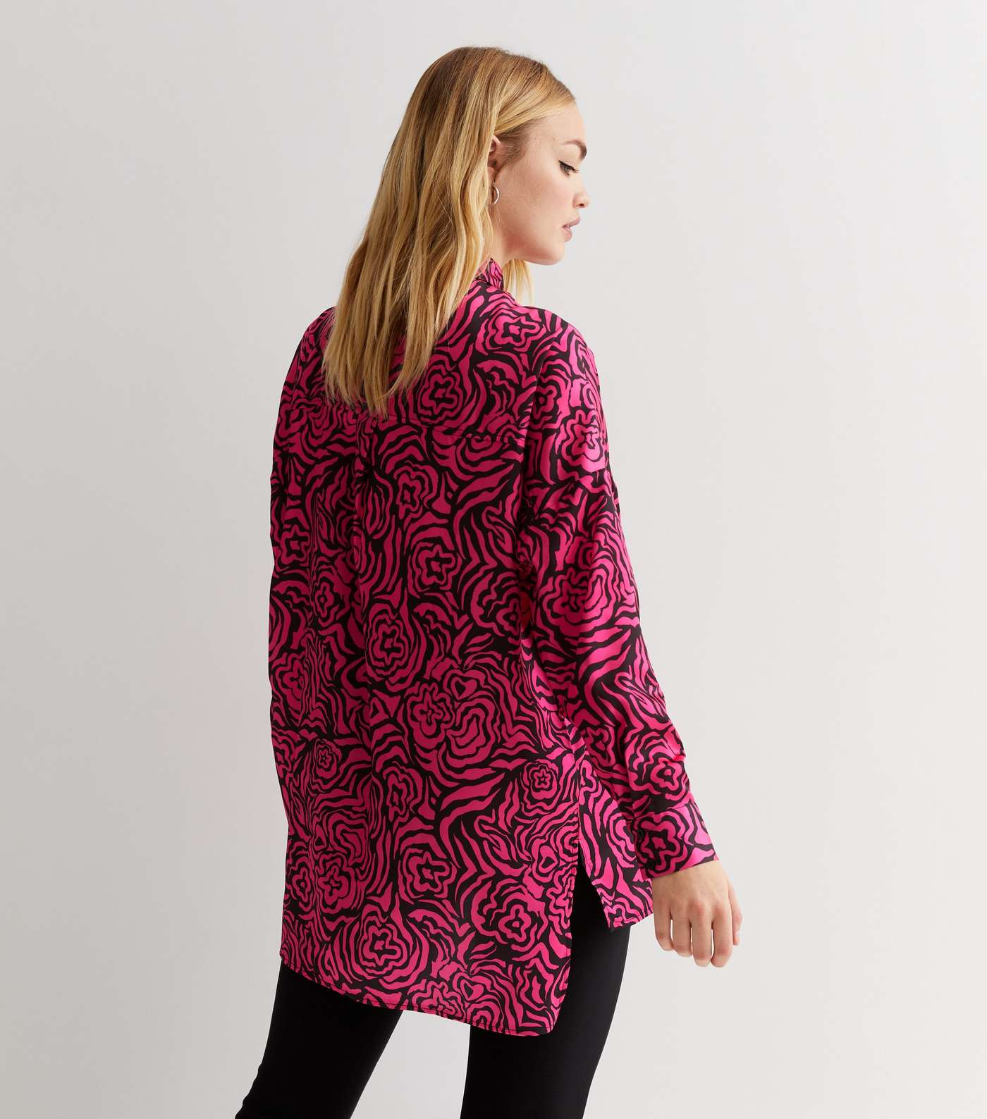 Pink Abstract Pattern Long Sleeve Satin Oversized Shirt Image 4