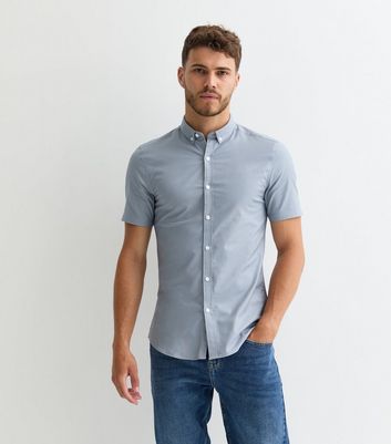 Men's Pale Grey Short Sleeve Muscle Fit Oxford Shirt New Look