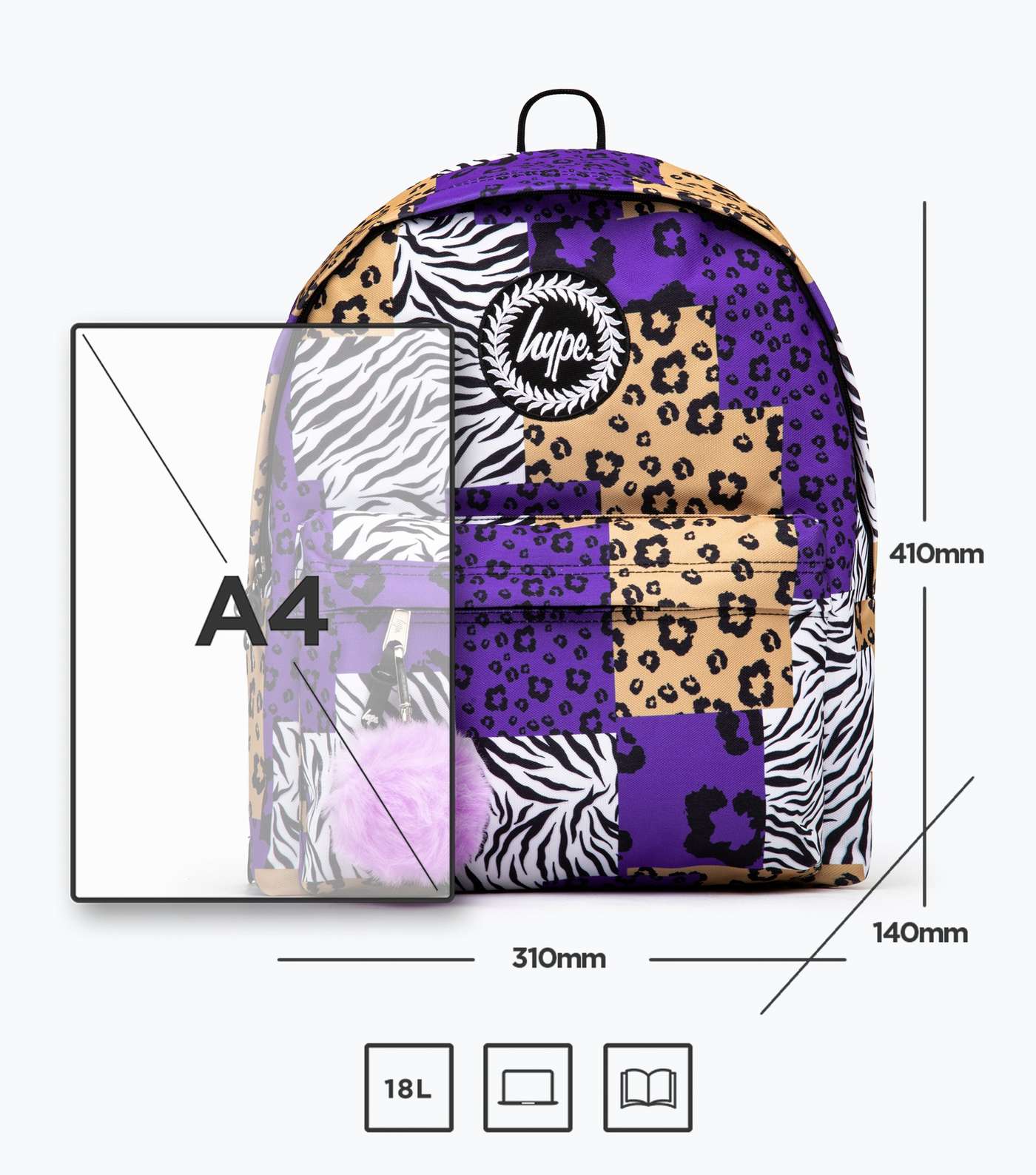 HYPE KIDS Purple Mixed Animal Print Pom Pom Backpack Image 7