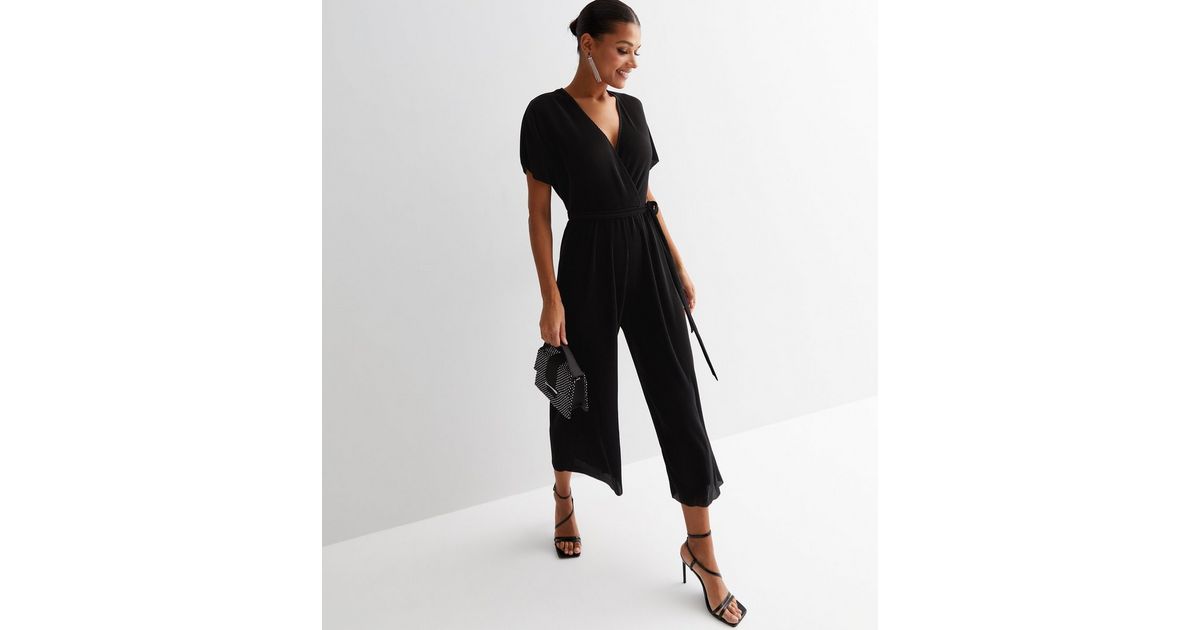 Black Plisse Wrap Over Short Sleeve Jumpsuit