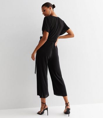 Black Plisse Wrap Over Short Sleeve Jumpsuit New Look