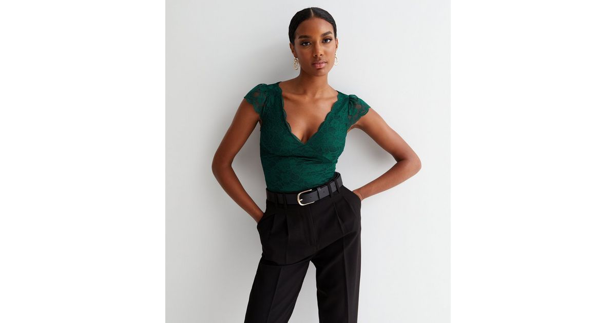 Dark Green Lace Plunge Neck Bodysuit | New Look