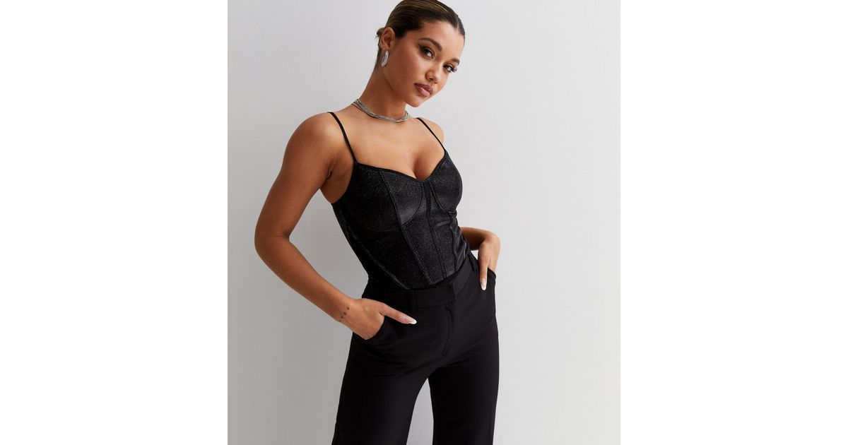 Black Glitter Bustier Bodysuit New Look