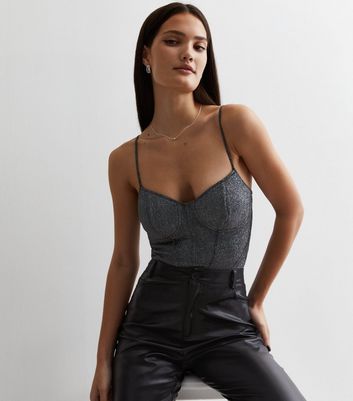 Dark Grey Glitter Bustier Bodysuit New Look