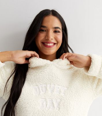 Cream Teddy Duvet Day Logo Lounge Hoodie New Look