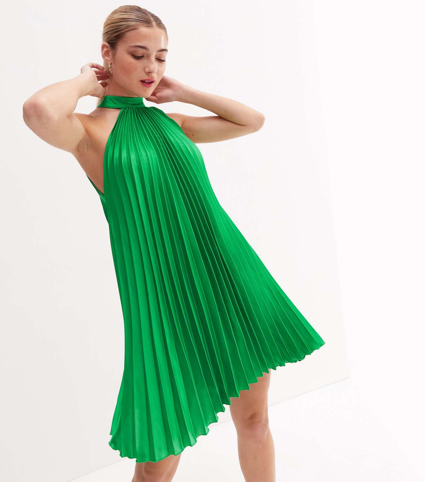 Green Satin Pleated Halter Mini Dress