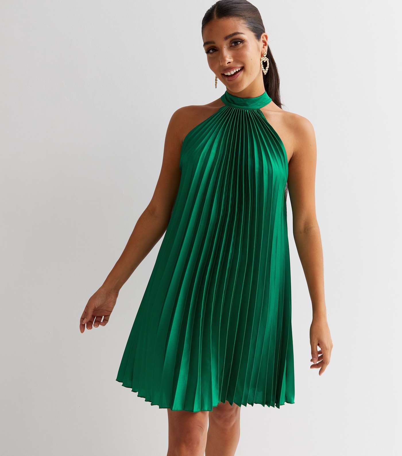 Dark Green Satin Pleated Halter Mini Dress