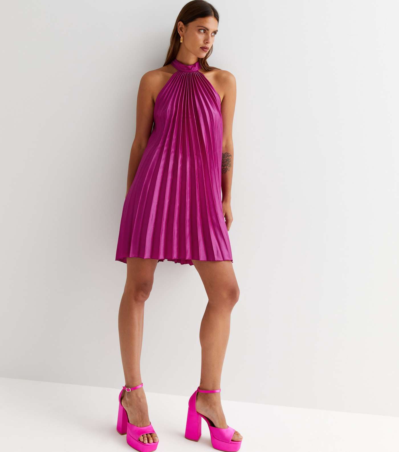 Deep Pink Satin Pleated Halter Mini Dress