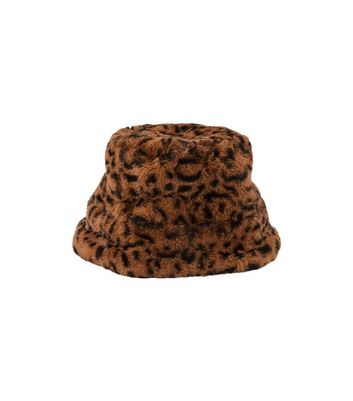 PIECES Brown Leopard Print Faux Fur Bucket Hat New Look