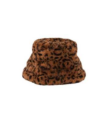 PIECES Brown Leopard Print Faux Fur Bucket Hat