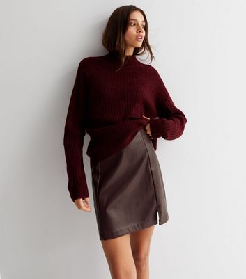 Burgundy Leather Look Mini Skirt New Look