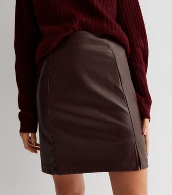 Burgundy leather shop skirt new look