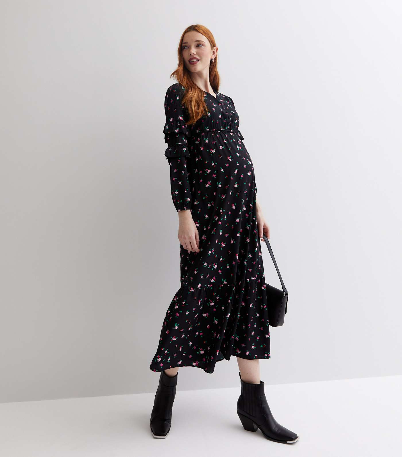 Maternity Black Ditsy Floral Long Frill Sleeve Button Front Midi Dress Image 2