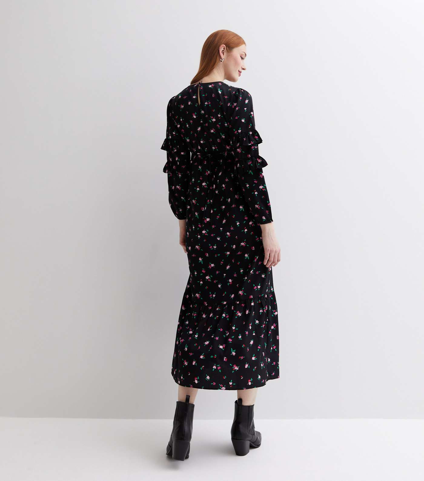 Maternity Black Ditsy Floral Long Frill Sleeve Button Front Midi Dress Image 4