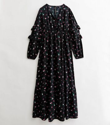 Maternity Black Ditsy Floral Long Frill Sleeve Button Front Midi Dress New Look