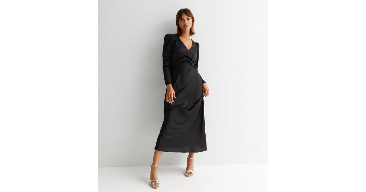 Black Satin V Neck Long Sleeve Frill Detail Midi Dress New Look
