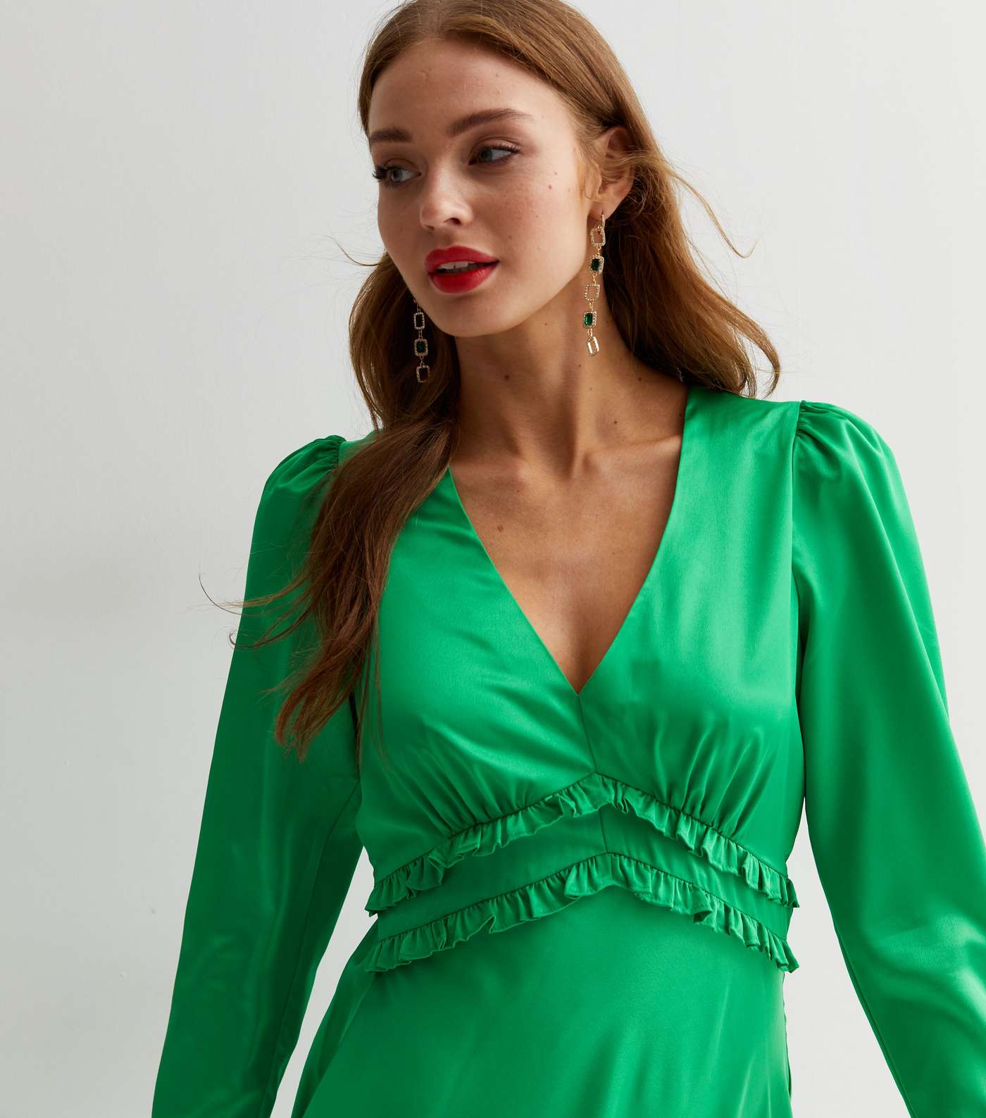 Green Satin V Neck Long Sleeve Frill Detail Midi Dress Image 2