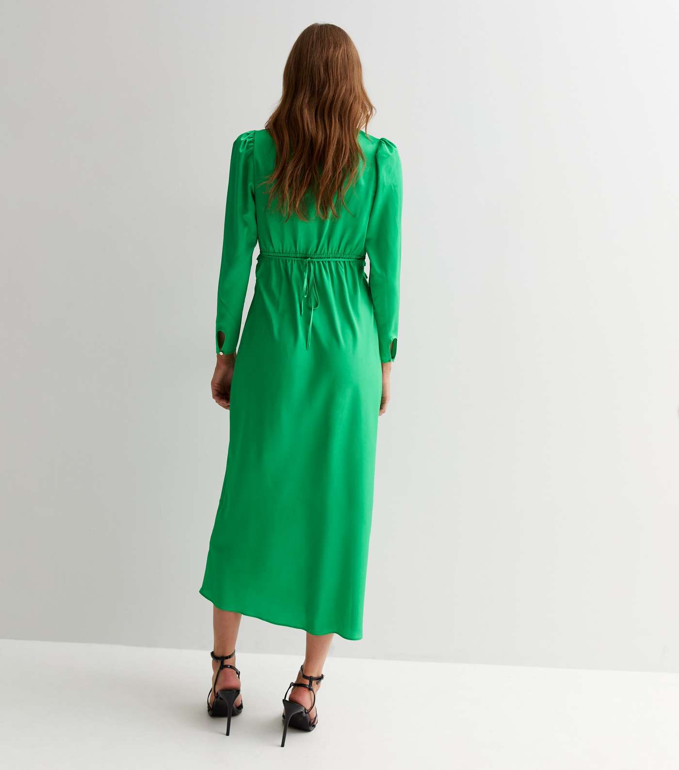 Green Satin V Neck Long Sleeve Frill Detail Midi Dress Image 4